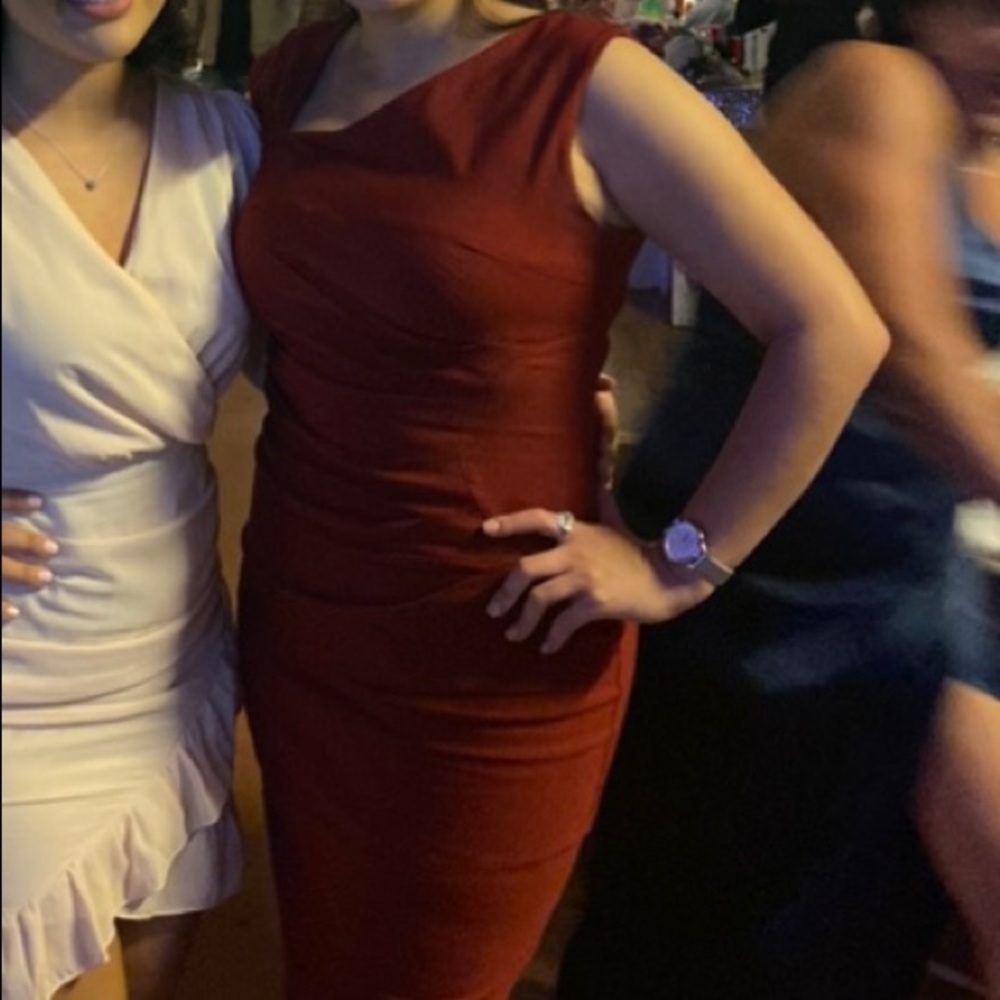 burgundy, below knee stretchy dress